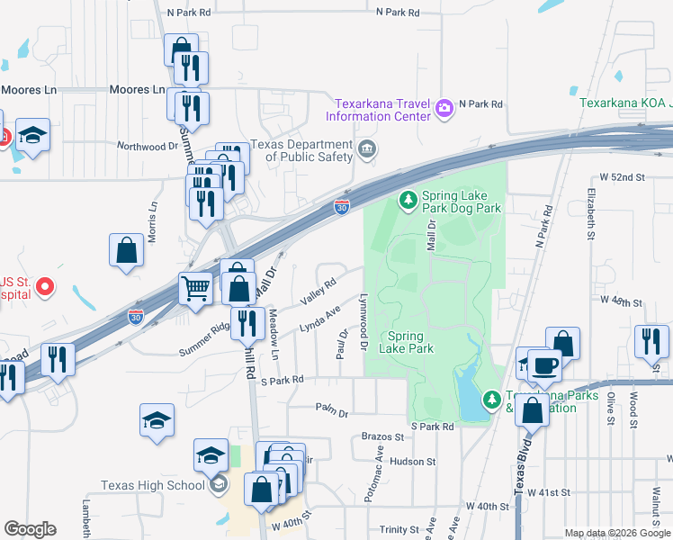 map of restaurants, bars, coffee shops, grocery stores, and more near 80 Valley Road in Texarkana