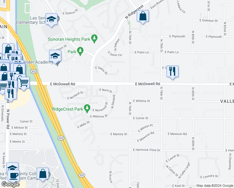 map of restaurants, bars, coffee shops, grocery stores, and more near 2731 North Sterling in Mesa