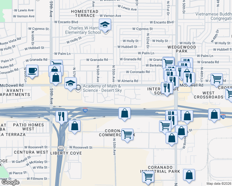 map of restaurants, bars, coffee shops, grocery stores, and more near 1444 North 54th Lane in Phoenix