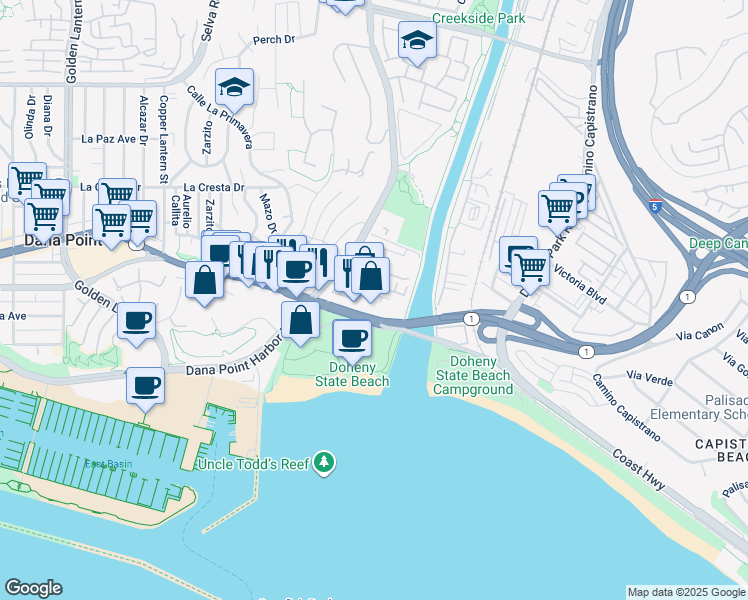 map of restaurants, bars, coffee shops, grocery stores, and more near Doheny Way in Dana Point