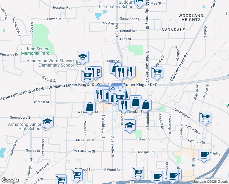 map of restaurants, bars, coffee shops, grocery stores, and more near 200 North Lafayette Street in Starkville