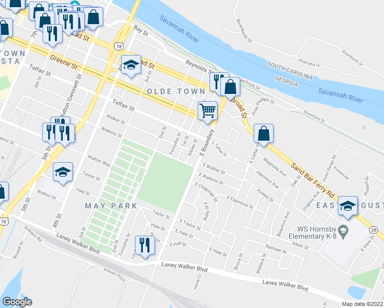 map of restaurants, bars, coffee shops, grocery stores, and more near 20 Walker Street in Augusta