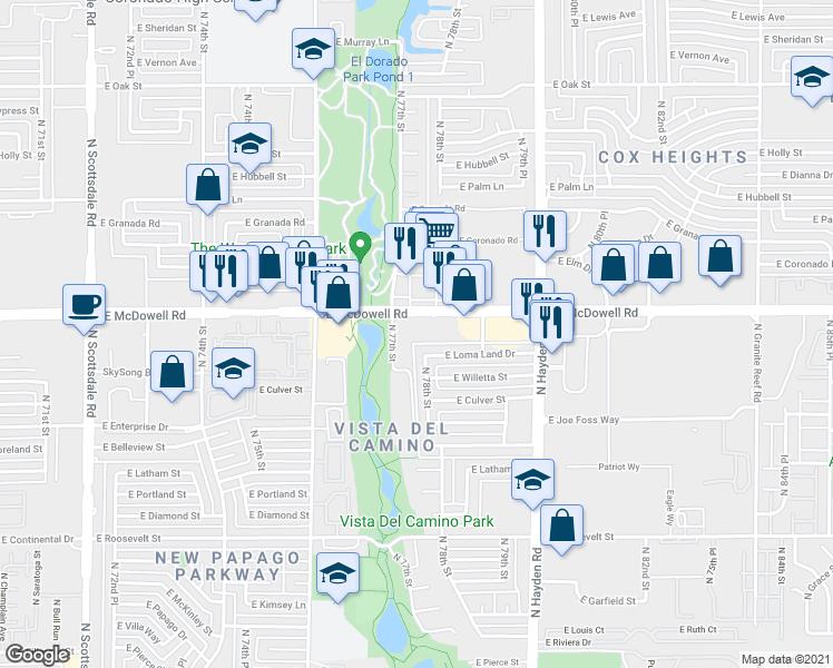 map of restaurants, bars, coffee shops, grocery stores, and more near 7745 East McDowell Road in Scottsdale