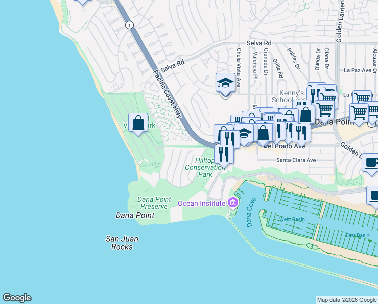 map of restaurants, bars, coffee shops, grocery stores, and more near 3 Seabreeze Terrace in Dana Point