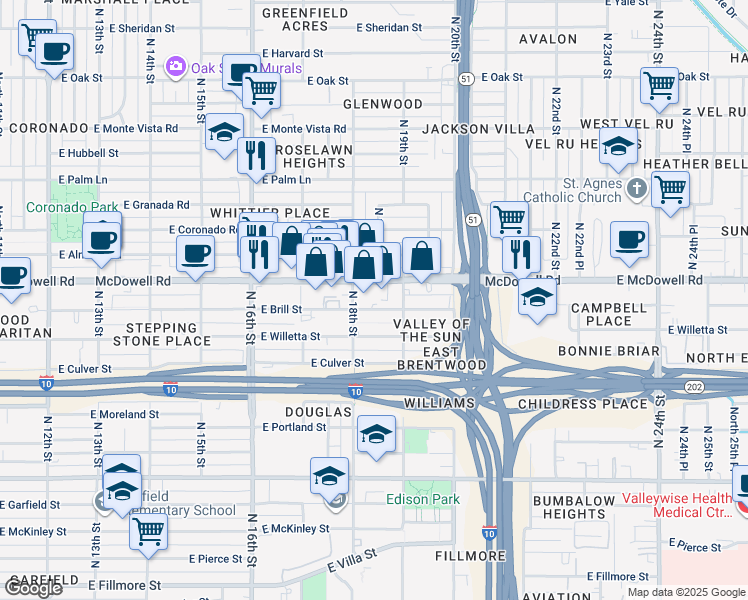 map of restaurants, bars, coffee shops, grocery stores, and more near 1818 East Brill Street in Phoenix