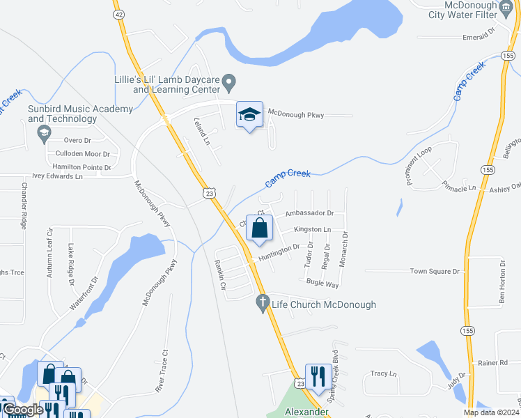 map of restaurants, bars, coffee shops, grocery stores, and more near 210 Chase Lane in McDonough