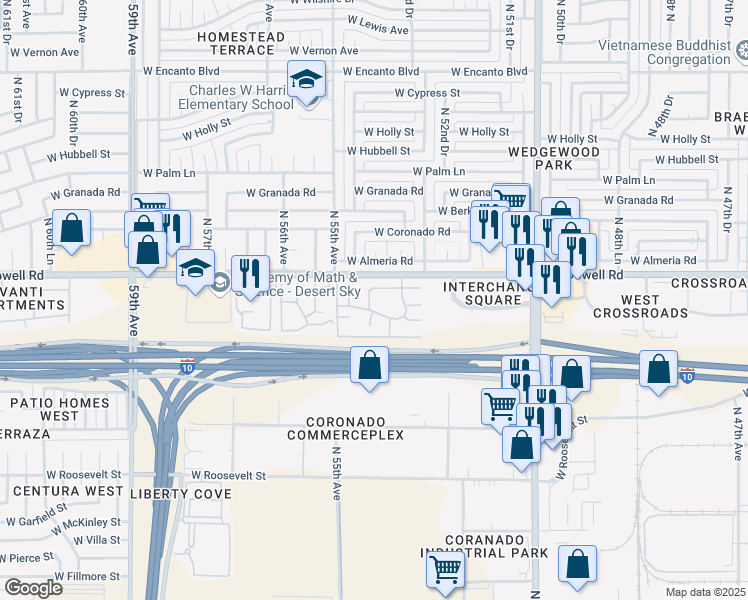 map of restaurants, bars, coffee shops, grocery stores, and more near 1447 North 54th Avenue in Phoenix