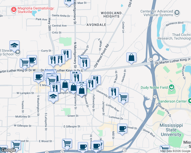 map of restaurants, bars, coffee shops, grocery stores, and more near 146-198 Old West Point Road in Starkville