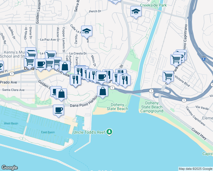 map of restaurants, bars, coffee shops, grocery stores, and more near 3438 Doheny Way in Dana Point