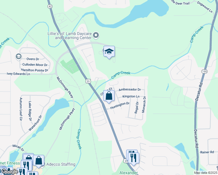 map of restaurants, bars, coffee shops, grocery stores, and more near 220 Chase Lane in McDonough