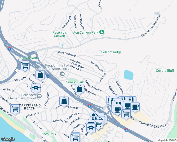 map of restaurants, bars, coffee shops, grocery stores, and more near 3925 Calle Mayo in San Clemente
