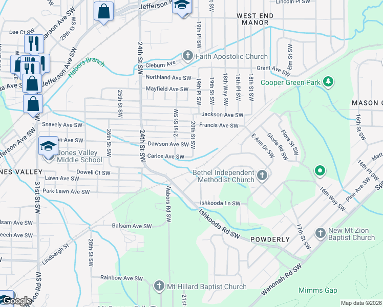 map of restaurants, bars, coffee shops, grocery stores, and more near 2000 Carlos Avenue Southwest in Birmingham