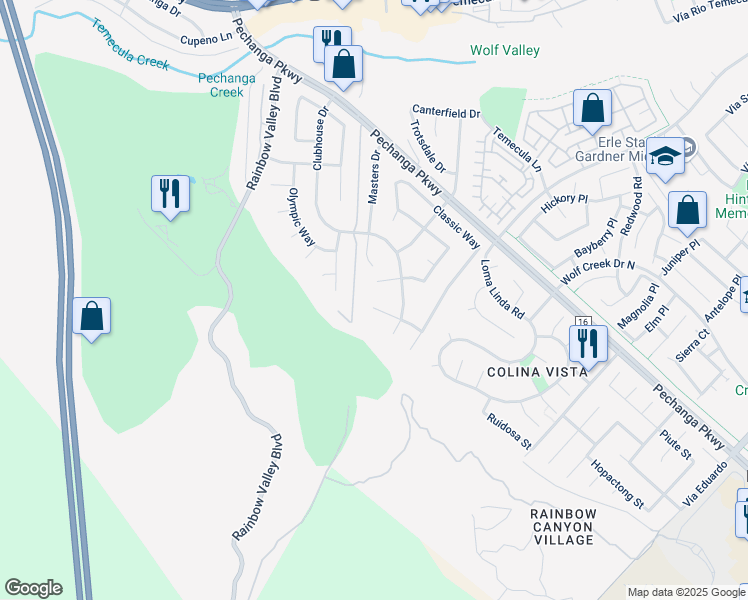 map of restaurants, bars, coffee shops, grocery stores, and more near 30860 Bardmoor Drive in Temecula