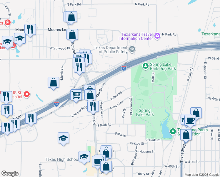 map of restaurants, bars, coffee shops, grocery stores, and more near 10 Holiday Lane in Texarkana