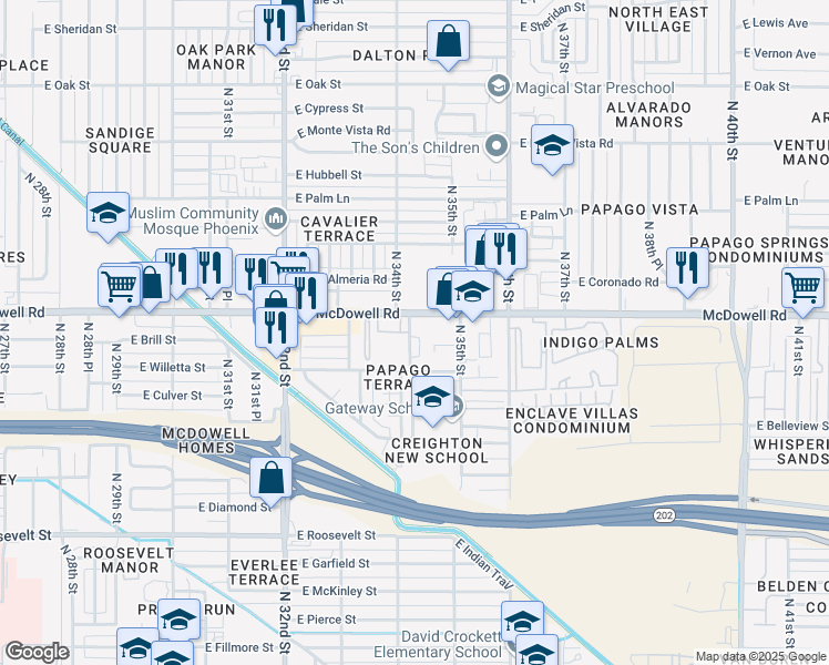 map of restaurants, bars, coffee shops, grocery stores, and more near 1431 North 34th Street in Phoenix