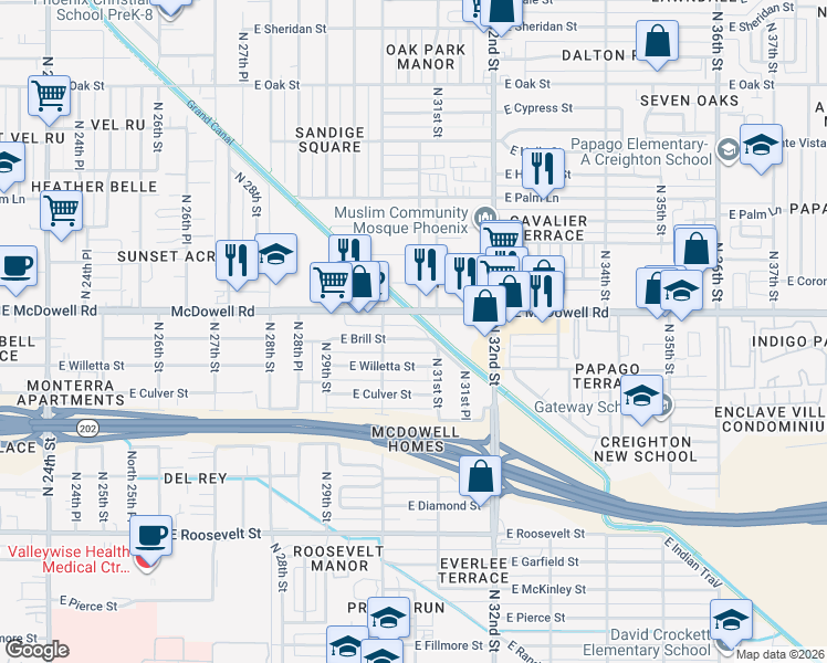 map of restaurants, bars, coffee shops, grocery stores, and more near 3036 East Brill Street in Phoenix