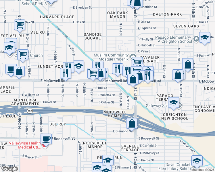 map of restaurants, bars, coffee shops, grocery stores, and more near 1429 North 30th Street in Phoenix