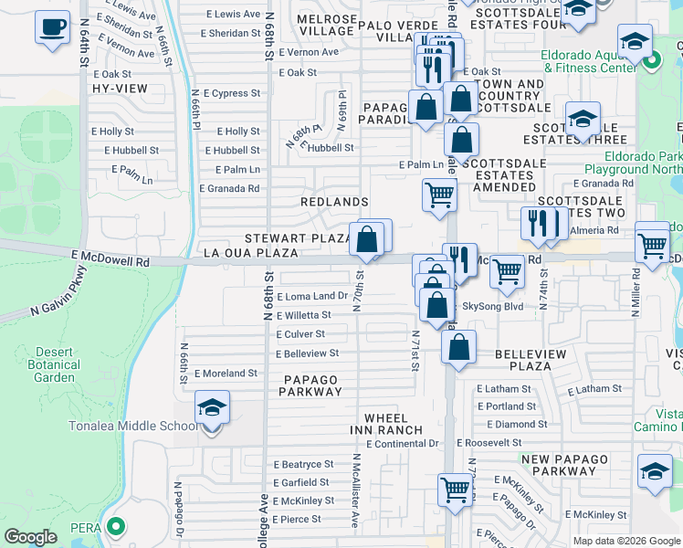 map of restaurants, bars, coffee shops, grocery stores, and more near 6923 East Orion Drive in Scottsdale