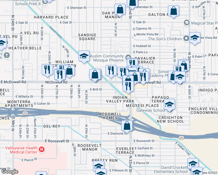map of restaurants, bars, coffee shops, grocery stores, and more near 3036 East Brill Street in Phoenix