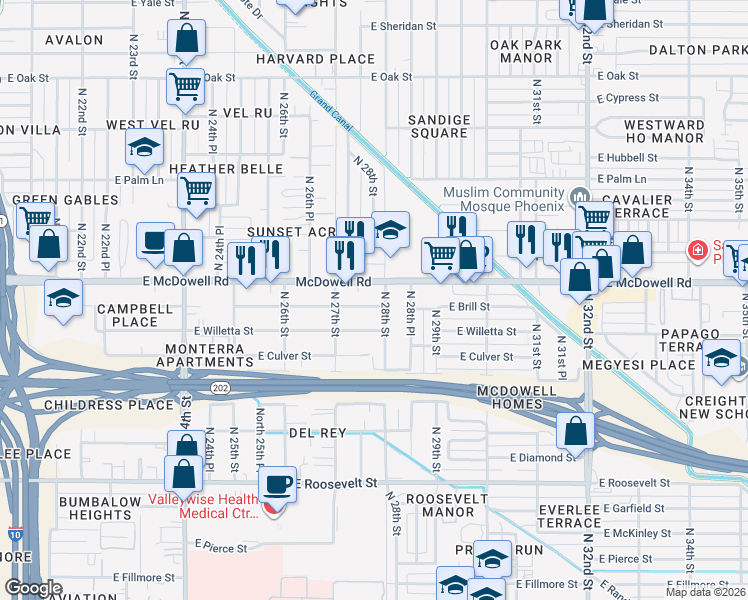 map of restaurants, bars, coffee shops, grocery stores, and more near 1503 North 28th Street in Phoenix
