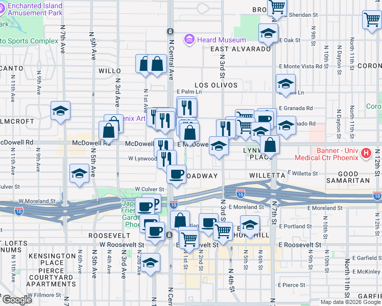 map of restaurants, bars, coffee shops, grocery stores, and more near 1425 North 1st Street in Phoenix