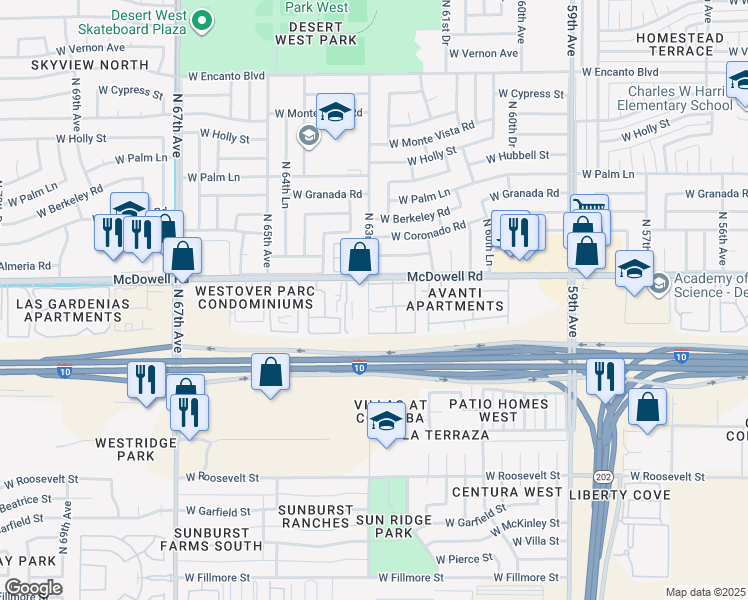 map of restaurants, bars, coffee shops, grocery stores, and more near 1392-1466 North 63rd Avenue in Phoenix