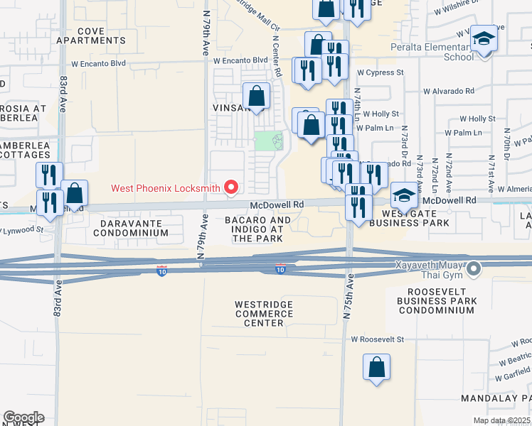 map of restaurants, bars, coffee shops, grocery stores, and more near 7725 West McDowell Road in Phoenix