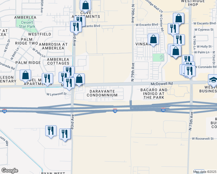 map of restaurants, bars, coffee shops, grocery stores, and more near 1521 North 80th Lane in Phoenix
