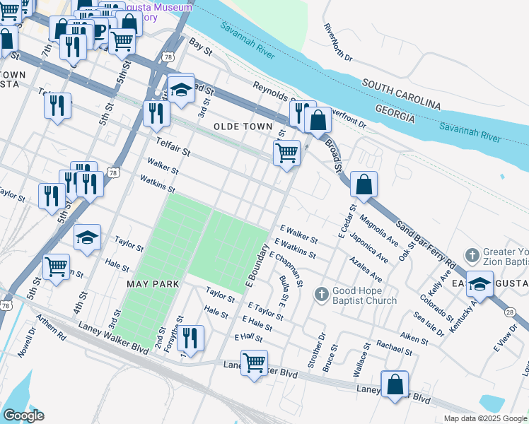 map of restaurants, bars, coffee shops, grocery stores, and more near 605 Sibley Street in Augusta