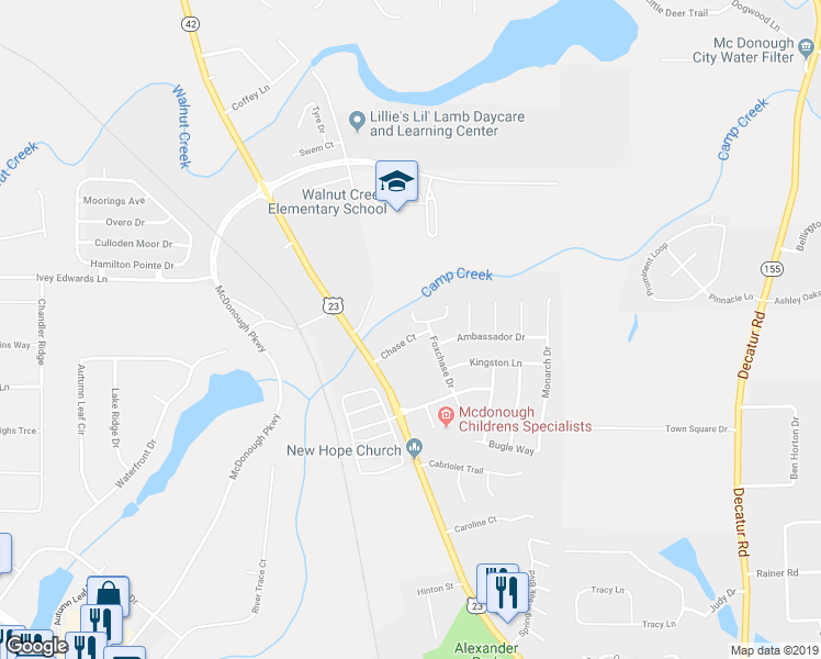 map of restaurants, bars, coffee shops, grocery stores, and more near 220 Chase Lane in McDonough