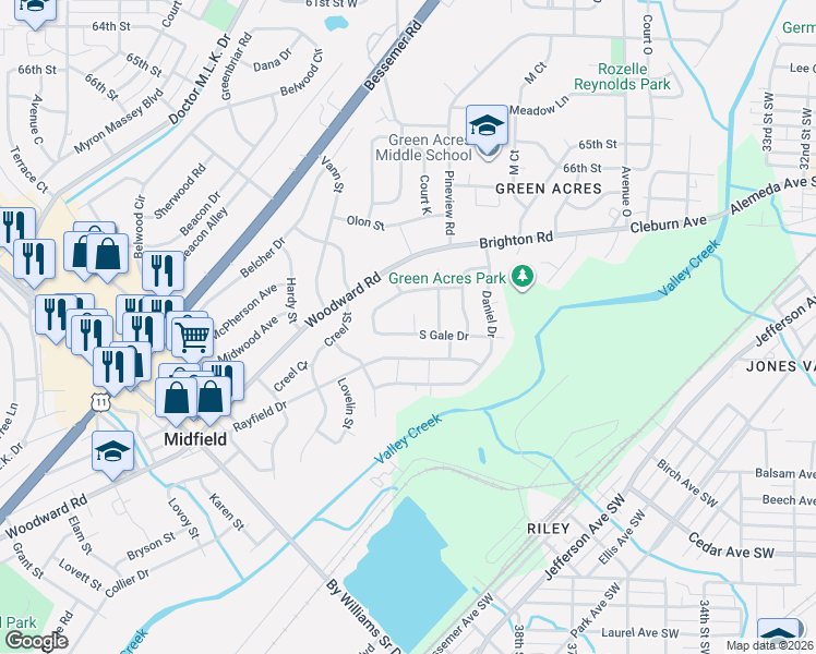 map of restaurants, bars, coffee shops, grocery stores, and more near 1229 Gale Drive in Birmingham