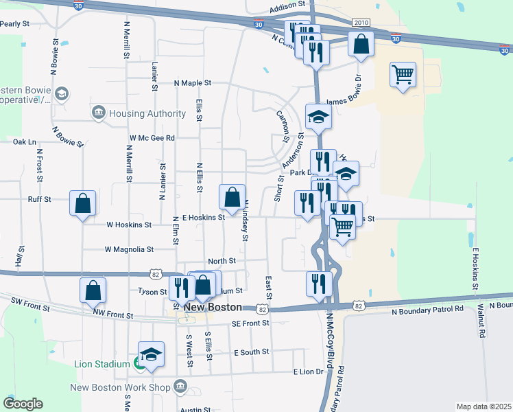 map of restaurants, bars, coffee shops, grocery stores, and more near 400 North Lindsey Street in New Boston
