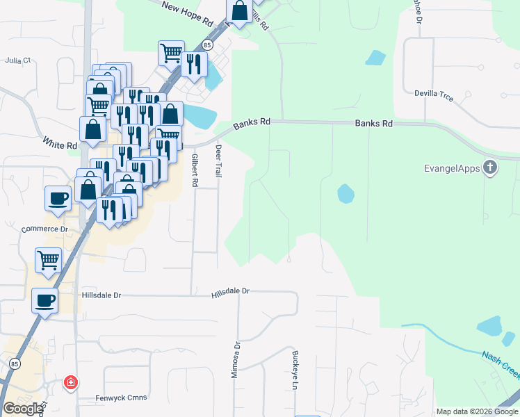 map of restaurants, bars, coffee shops, grocery stores, and more near 176 Hidden Valley Road in Fayetteville