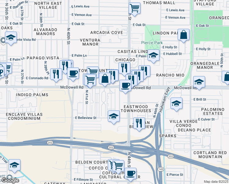 map of restaurants, bars, coffee shops, grocery stores, and more near 4225 East McDowell Road in Phoenix