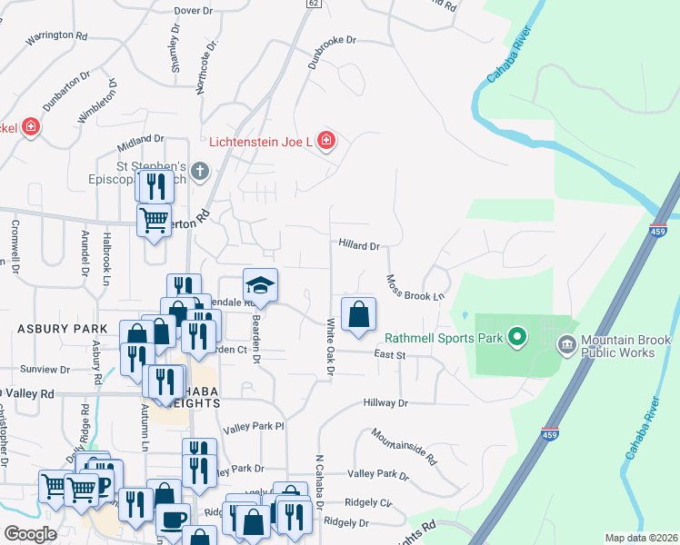 map of restaurants, bars, coffee shops, grocery stores, and more near 3869 White Oak Drive in Vestavia Hills