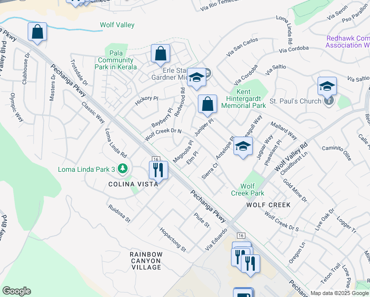 map of restaurants, bars, coffee shops, grocery stores, and more near 45638 Magnolia Place in Temecula