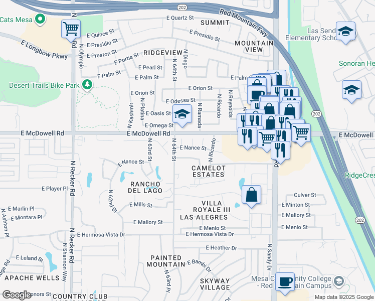 map of restaurants, bars, coffee shops, grocery stores, and more near 6435 E Nance St in Mesa