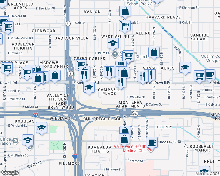map of restaurants, bars, coffee shops, grocery stores, and more near 2221 East Culver Street in Phoenix