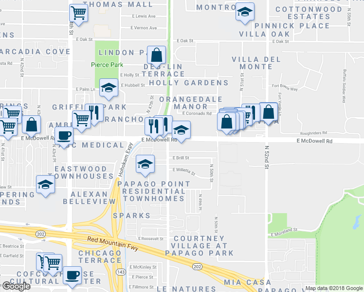 map of restaurants, bars, coffee shops, grocery stores, and more near 4837 East McDowell Road in Phoenix
