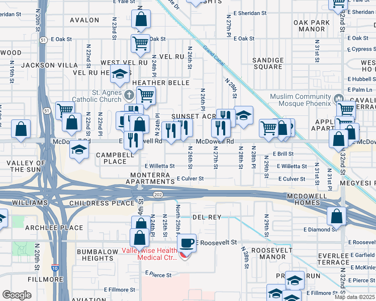 map of restaurants, bars, coffee shops, grocery stores, and more near 2546 East Brill Street in Phoenix