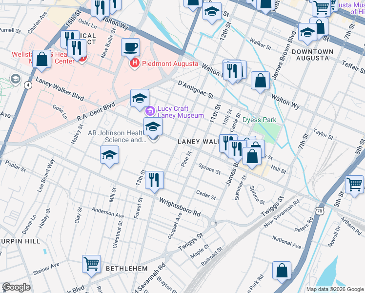 map of restaurants, bars, coffee shops, grocery stores, and more near 1132 Laney Walker Boulevard in Augusta