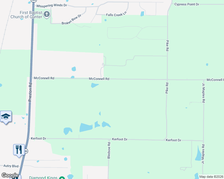 map of restaurants, bars, coffee shops, grocery stores, and more near 690 McConnell Road in Gunter