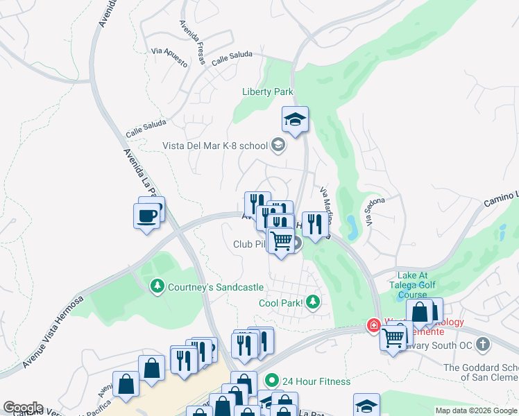 map of restaurants, bars, coffee shops, grocery stores, and more near 107 Plaza Via Sol in San Clemente
