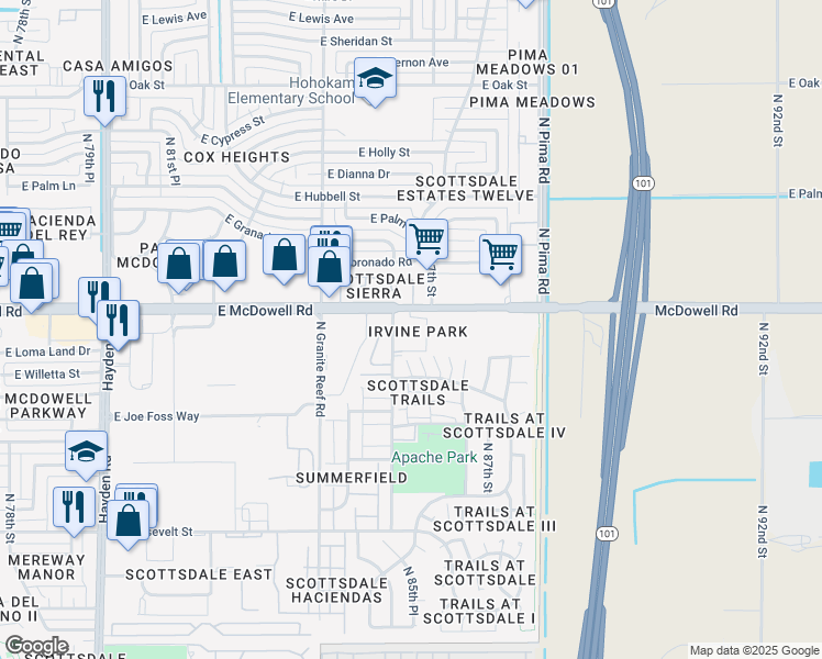 map of restaurants, bars, coffee shops, grocery stores, and more near 8521 East McDowell Road in Scottsdale