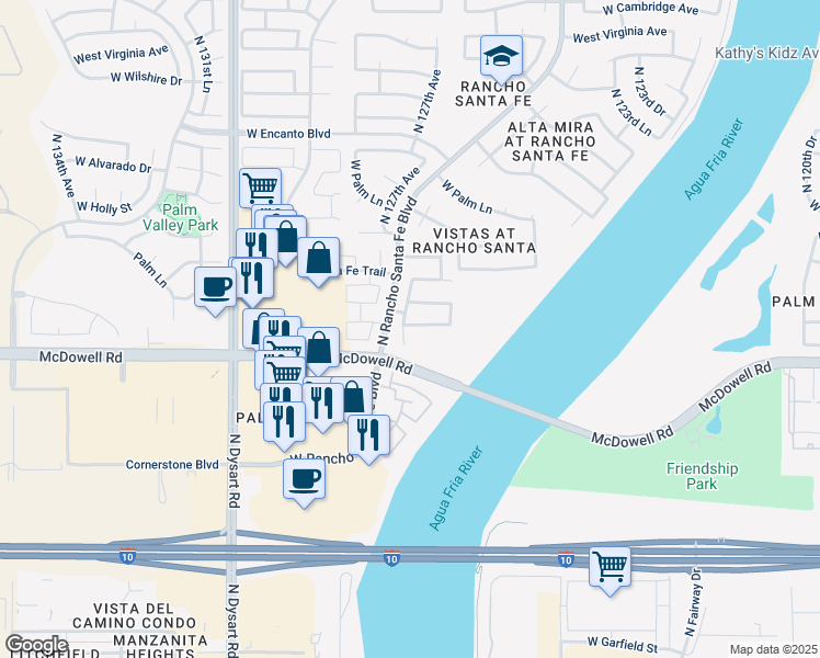 map of restaurants, bars, coffee shops, grocery stores, and more near 1627 North 125th Lane in Avondale