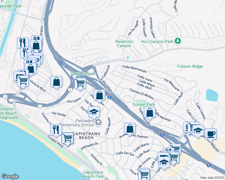 map of restaurants, bars, coffee shops, grocery stores, and more near 34262 Via Velez in Dana Point