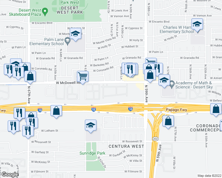 map of restaurants, bars, coffee shops, grocery stores, and more near 6161 West McDowell Road in Phoenix