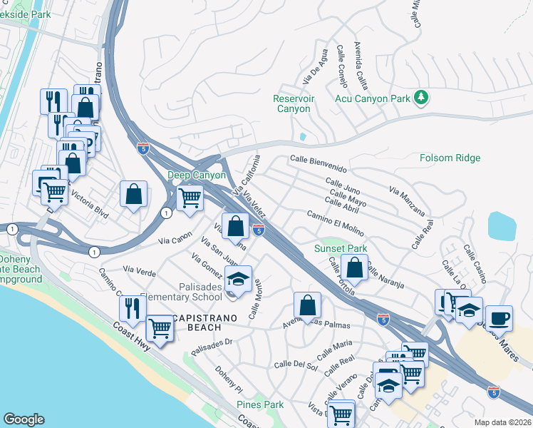 map of restaurants, bars, coffee shops, grocery stores, and more near 34262 Via Velez in Dana Point