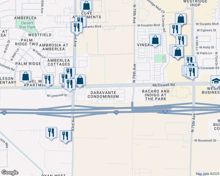 map of restaurants, bars, coffee shops, grocery stores, and more near 1521 North 80th Lane in Phoenix