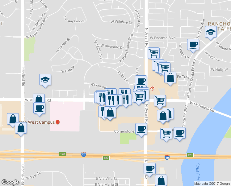 map of restaurants, bars, coffee shops, grocery stores, and more near 13310 West Coronado Road in Goodyear